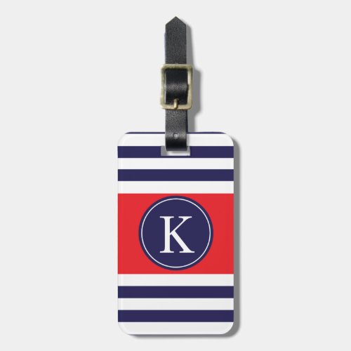 Personalized Monogram Stripes Pattern Navy Red Luggage Tag