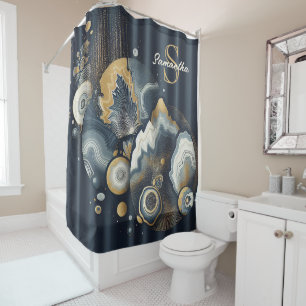 Personalized Monogram Stylish Navy Blue Gold Agate Shower Curtain