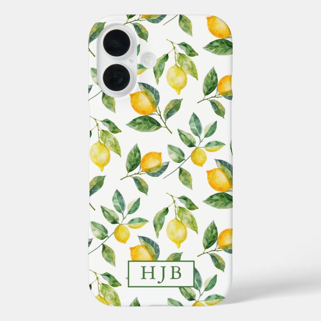 Personalized Monogram Summer Lemons iPhone 16 Case (Back)