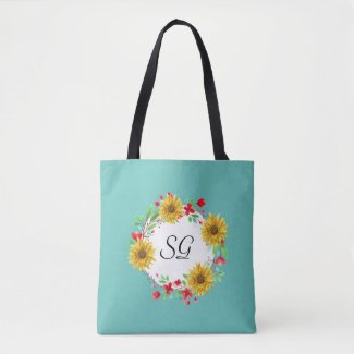 Personalized Monogram Sunflower Shopping Tote Bag