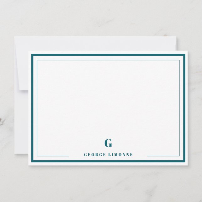 Personalized Monogram Teal Border Stationery  Note Card (Front)
