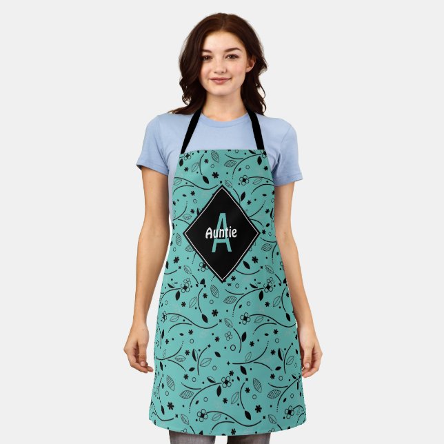 Personalized | Monogram | Teal | Floral | AUNTIE Apron (Worn)