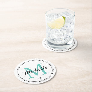 Personalized Monogram Teal Round Paper Coaster