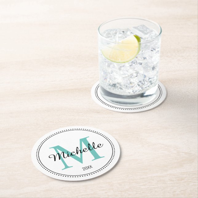 Personalized Monogram Teal Round Paper Coaster (Insitu)