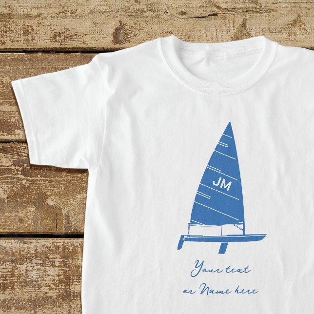 Personalized Monogram Text Sailboat Racing Blue T-Shirt (Creator Uploaded)