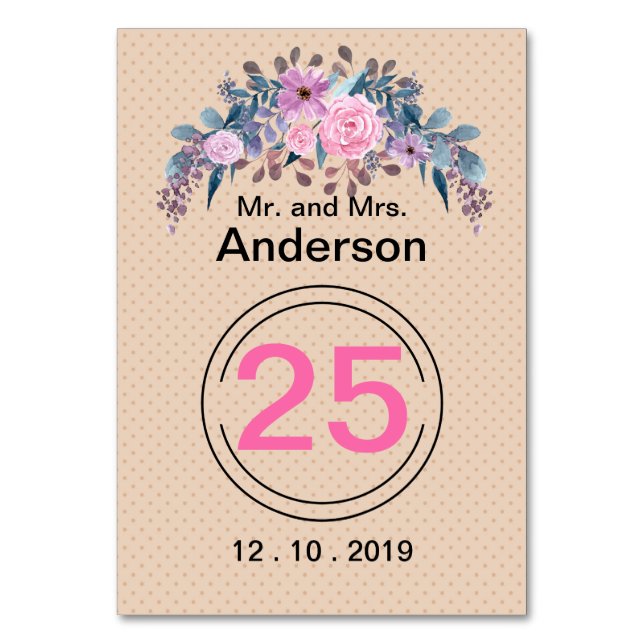 Personalized monogram text watercolor flower flora table number (Front)