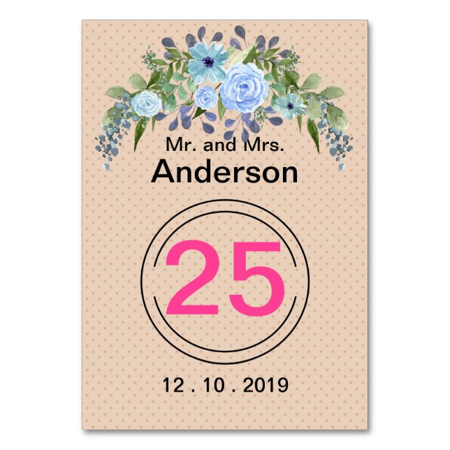 Personalized monogram text watercolor flower flora table number (Front)