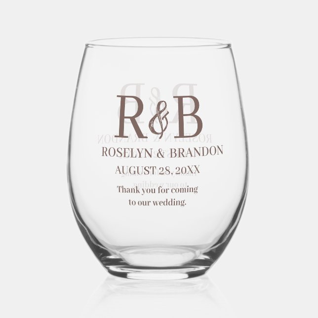 Personalized Monogram Thank you Wedding favor Stemless Wine Glass (Front)