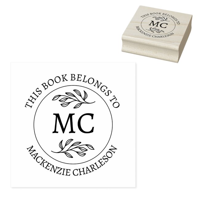 Personalized Monogram This Book Belongs To Rubber Stamp (Botanical Leaf classical monogram initial personalized Ex Libris from the library of rubber stamp)