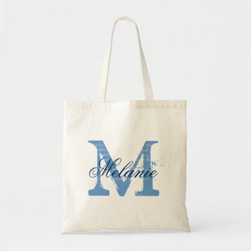 Personalized monogram tote bag  blue and white