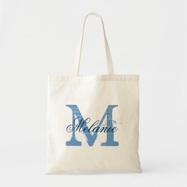 Personalized monogram tote bag | blue and white (Front)