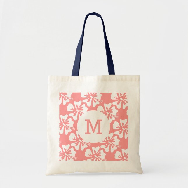 Personalized monogram tote bag | coral and navy (Front)