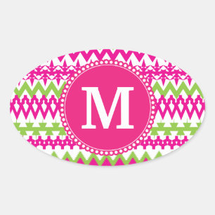 Personalized Monogram Tribal Pattern Pink Chevron Oval Sticker