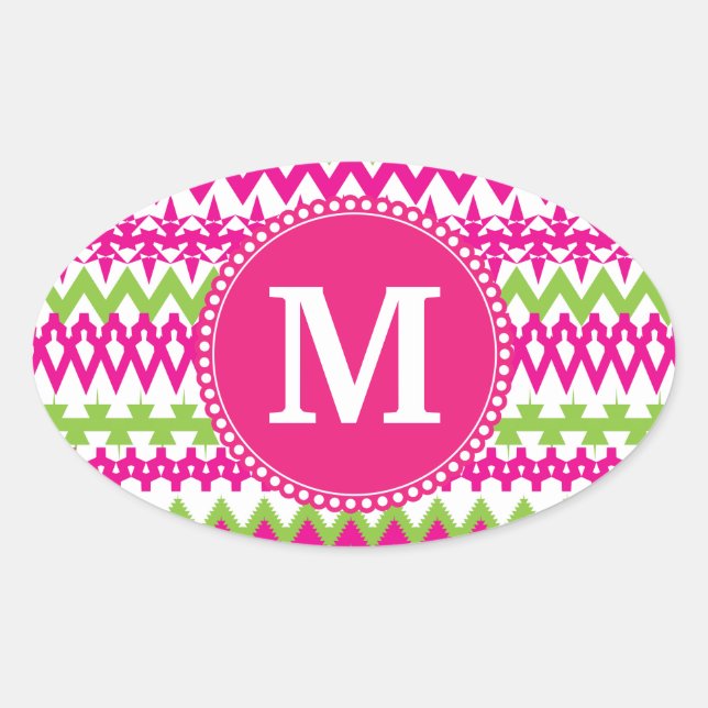 Personalized Monogram Tribal Pattern Pink Chevron Oval Sticker (Front)