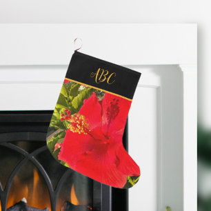 Personalized Monogram Tropical Red Flower Large Christmas Stocking