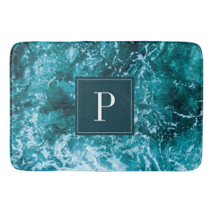Personalized Monogram Turquoise Sea Waves Bath Mat