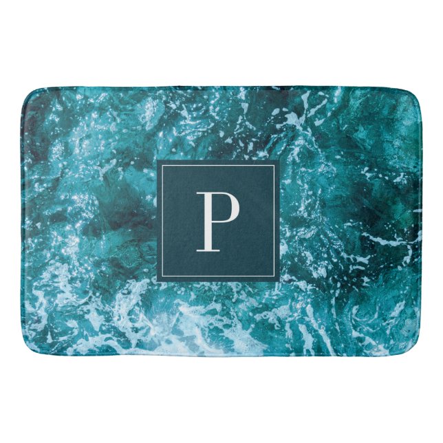 Personalized Monogram Turquoise Sea Waves Bath Mat (Front)
