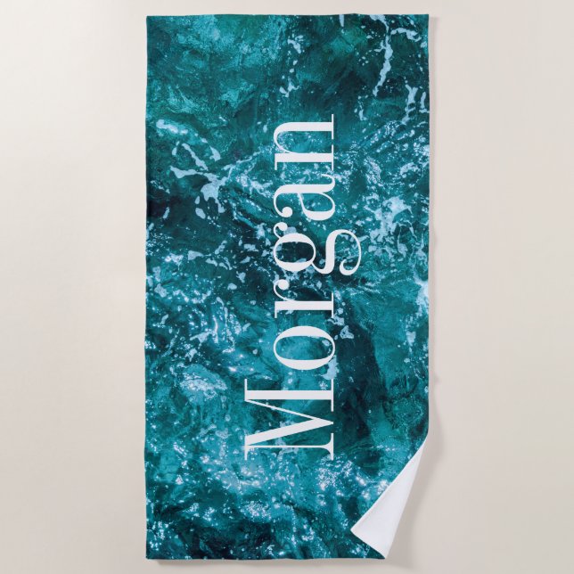 Personalized Monogram Turquoise Sea Waves Beach Towel (Front)