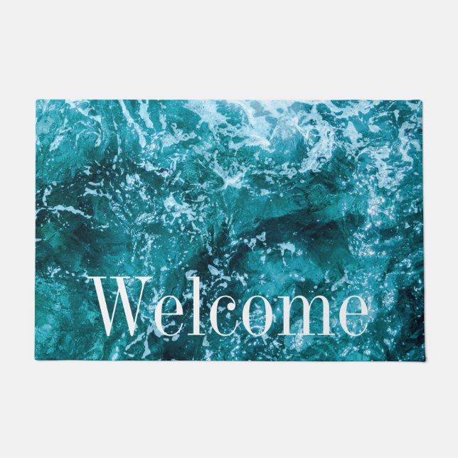 Personalized Monogram Turquoise Sea Waves Doormat (Front)
