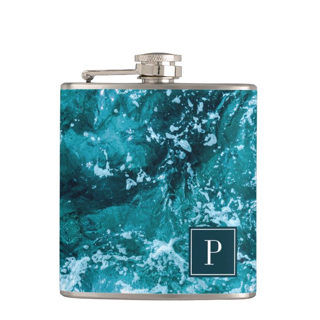 Personalized Monogram Turquoise Sea Waves Flask (Front)