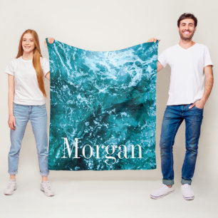 Personalized Monogram Turquoise Sea Waves Fleece Blanket