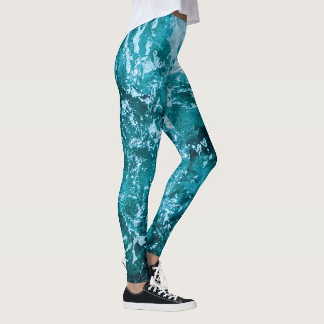 Personalized Monogram Turquoise Sea Waves Pattern Leggings (Right)