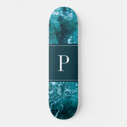 Personalized Monogram Turquoise Sea Waves Pattern Skateboard