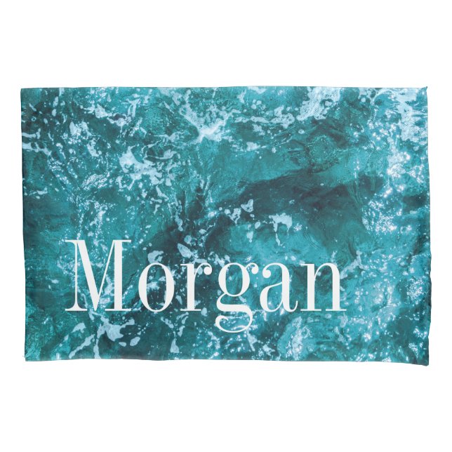 Personalized Monogram Turquoise Sea Waves Pillow Case (Front)