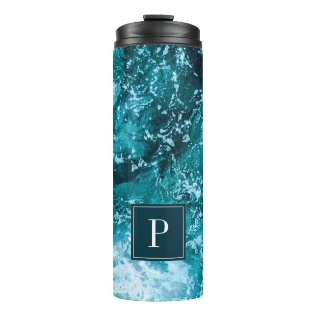 Personalized Monogram Turquoise Sea Waves Thermal Tumbler (Front)