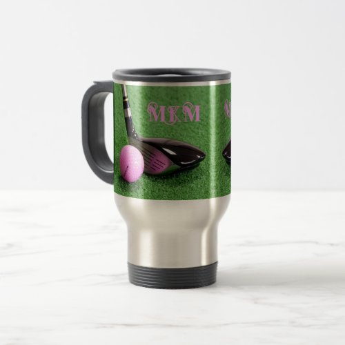 Personalized Monogram Typography Pink Golf Ball Travel Mug