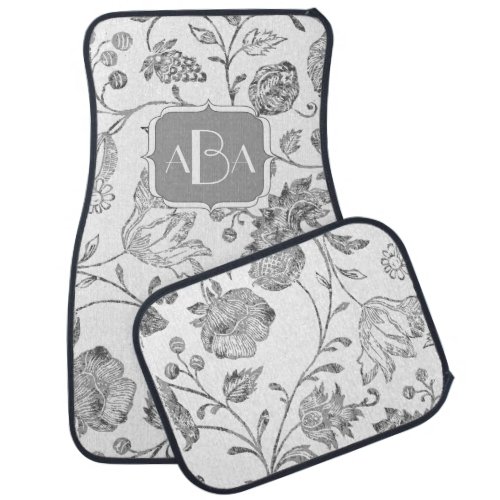 Personalized Monogram Vintage Modern Gray Floral Car Mat