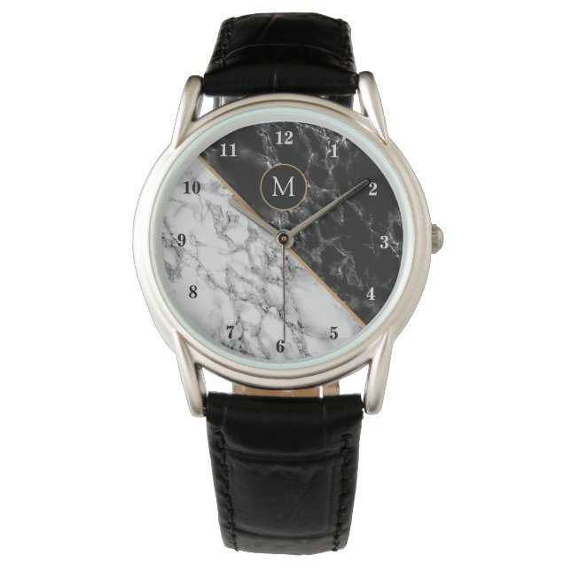 Personalized Monogram Watch Black White Marble (Front)