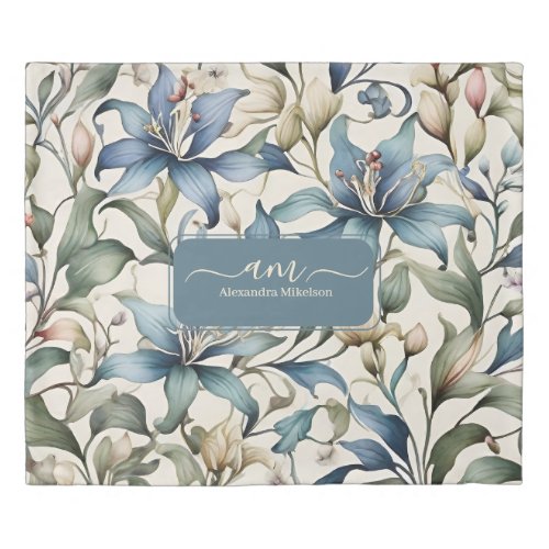 Personalized Monogram Watercolor Art Nouveau Flora Duvet Cover
