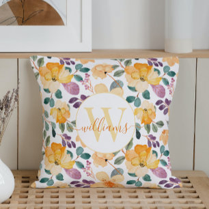 Personalized Monogram Watercolor Flowers White Throw Pillow