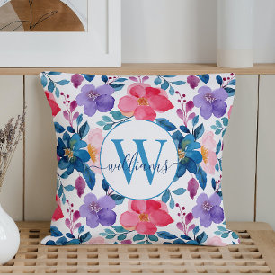 Personalized Monogram Watercolor Flowers White Throw Pillow