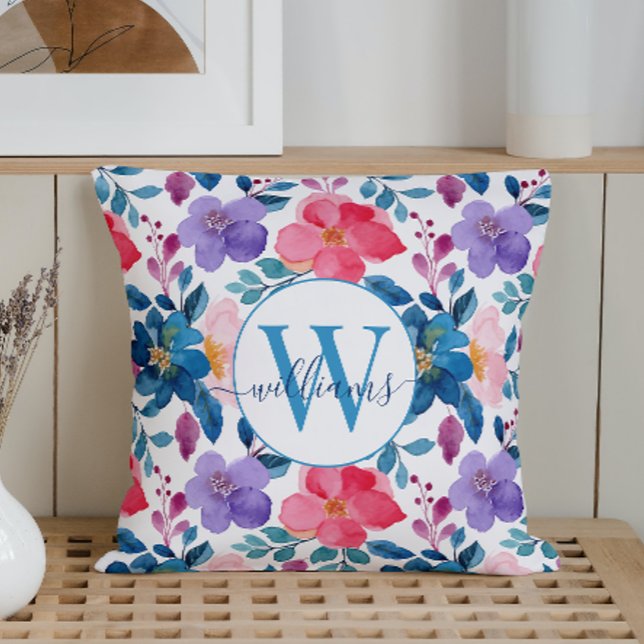 Personalized Monogram Watercolor Flowers White Throw Pillow (Creator Uploaded)