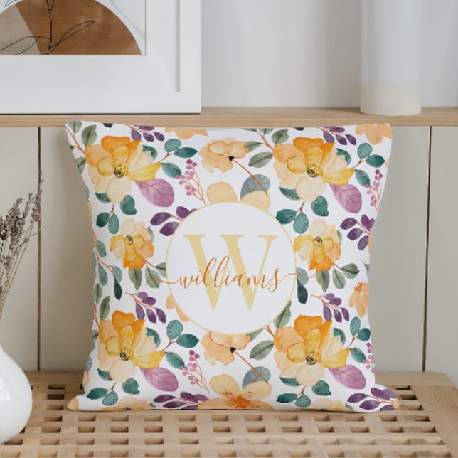 Personalized Monogram Watercolor Flowers White Throw Pillow (Creator Uploaded)