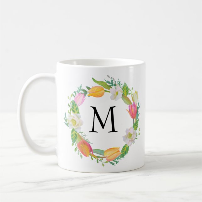 Personalized Monogram, Watercolor Pink Tulip Mug (Left)