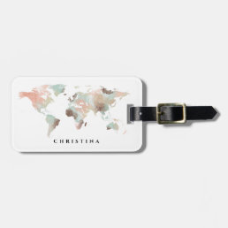 Personalized Monogram Watercolor World Map Travel Luggage Tag