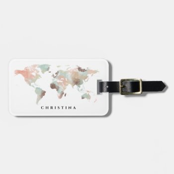 Personalized Monogram Watercolor World Map Travel Luggage Tag by GalaxyDONUT at Zazzle