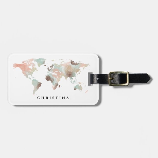 Personalized Monogram Watercolor World Map Travel Luggage Tag (Front Horizontal)