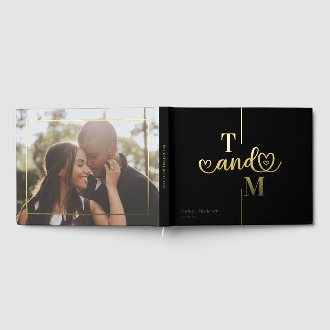 Personalized Monogram Wedding Black and Real Foil Foil Guest Book (Full)