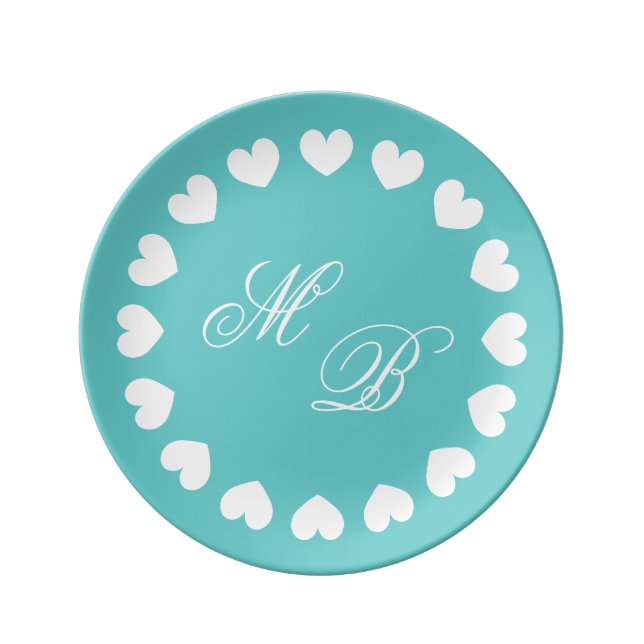 Personalized monogram wedding plates with hearts (Front)