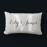 Personalized Monogram White Gray Wedding Keepsake Lumbar Pillow<br><div class="desc">Elegant and stylish light gray monogram lumbar pillow. This trendy pillow features dark gray writing with a light gray background and a large white monogram initial. You can personalize it with your names and monogram initial, and even change the text color and font style using the customize option. This pillow...</div>