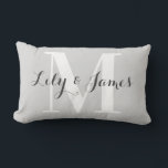 Personalized Monogram White Gray Wedding Keepsake Lumbar Pillow<br><div class="desc">Elegant and stylish light gray monogram lumbar pillow. This trendy pillow features dark gray writing with a light gray background and a large white monogram initial. You can personalize it with your names and monogram initial, and even change the text color and font style using the customize option. This pillow...</div>