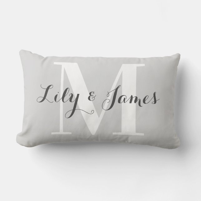 Personalized Monogram White Gray Wedding Keepsake Lumbar Pillow (Front)