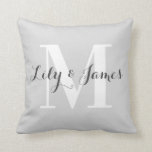 Personalized Monogram White Gray Wedding Keepsake Throw Pillow<br><div class="desc">Elegant and stylish light gray monogram throw pillow. This trendy pillow features dark gray writing with a light gray background and a large white monogram initial. You can personalize it with your names and monogram initial, and even change the text color and font style using the customize option. This pillow...</div>