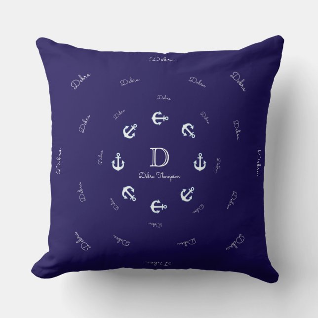 Personalized Monogram with Anchors sea inspired Throw Pillow (Front)