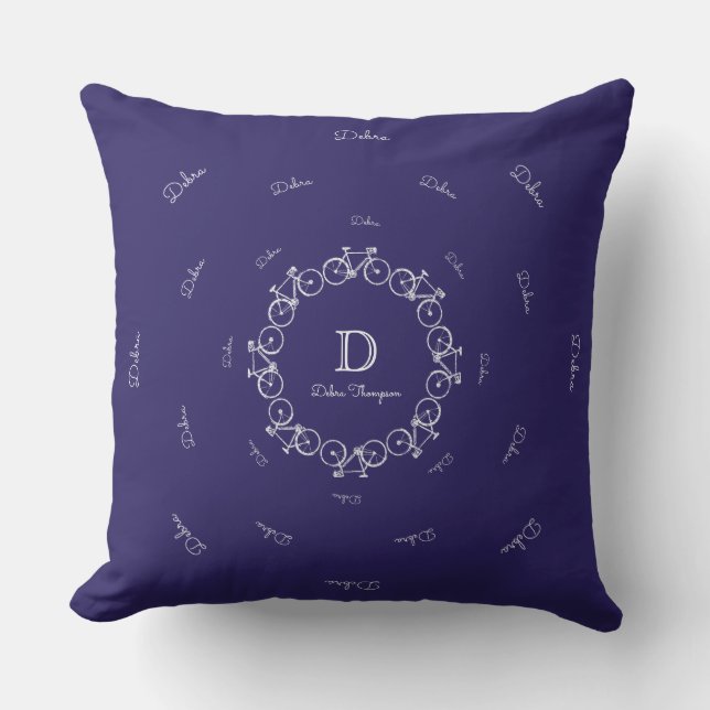personalized monogram with bicycles \ bike blue throw pillow (Front)