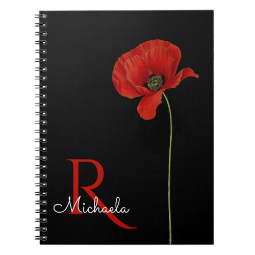 Personalized Monogram with Red Poppy on Black Notebook